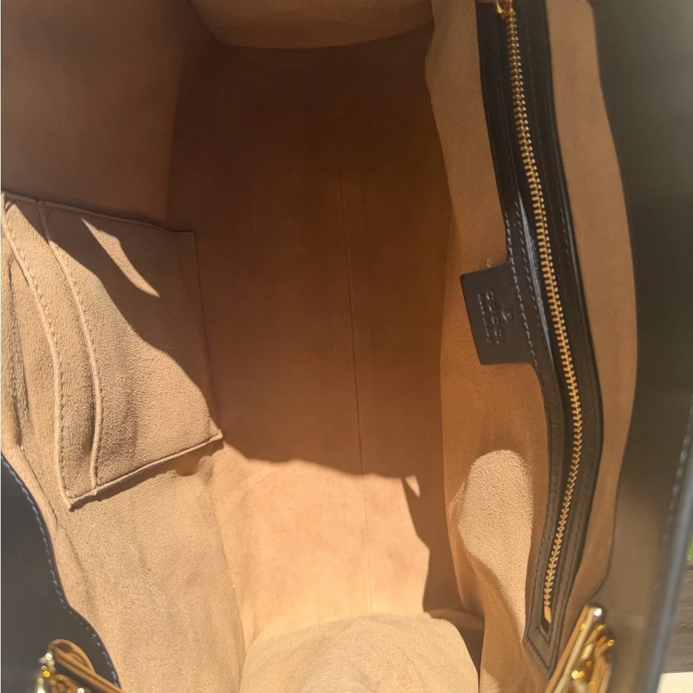 Gucci Beige GG Supreme Canvas Tote with Black Leather Trim and Gold Hardware